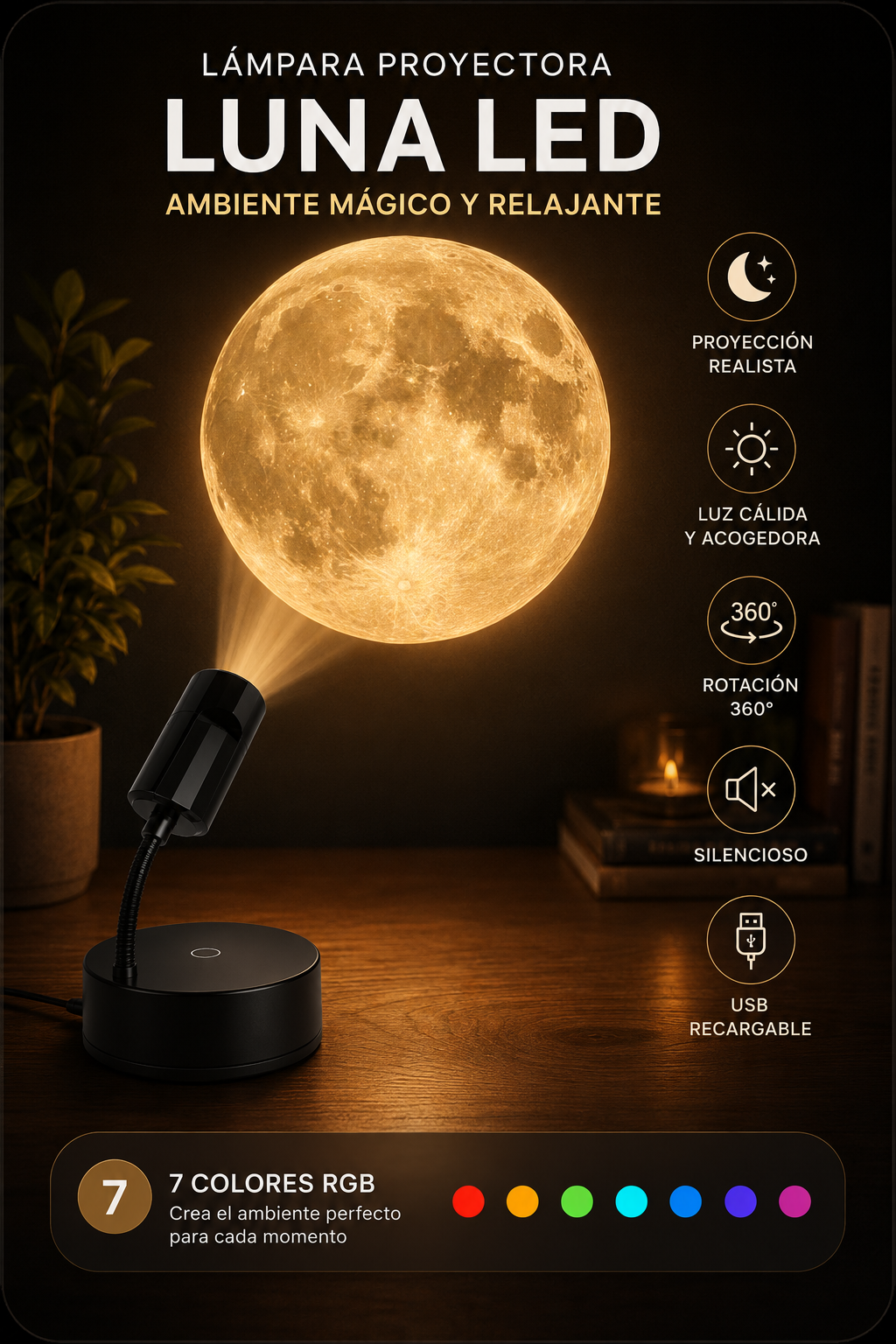 Lámpara Proyectora Luna LED — Ambiente Mágico y Relajante
