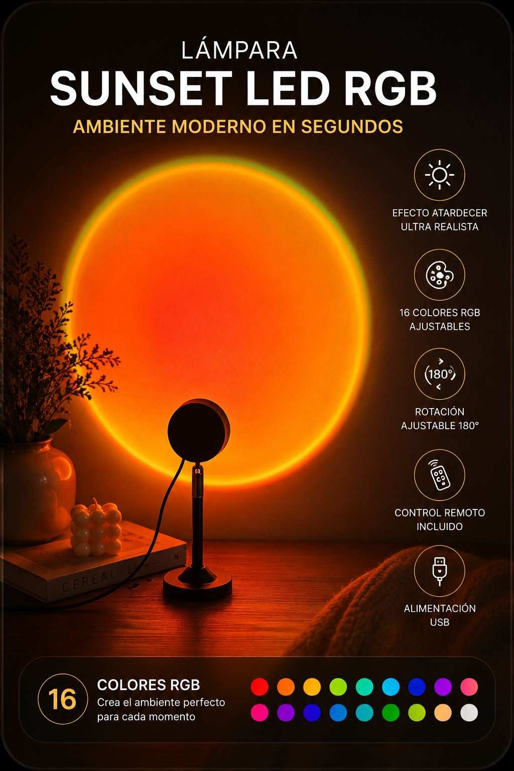 Lámpara LED RGB Sunset — Ambiente Moderno en Segundos