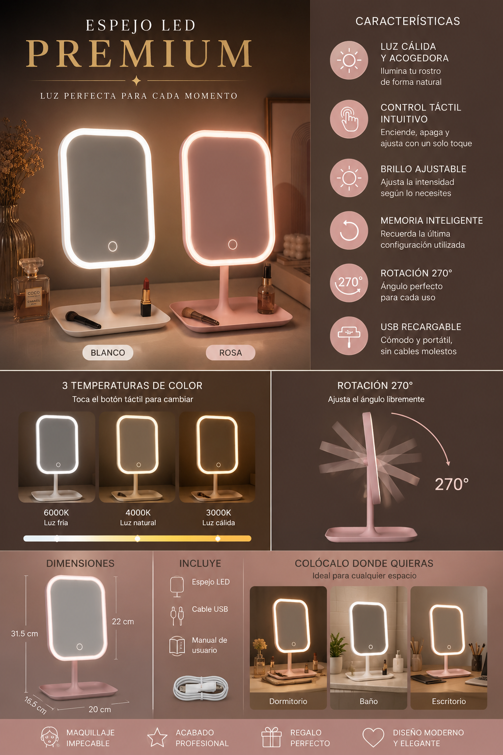 Espelho Nordic Glow com LED | Maquilhagem e Decoração