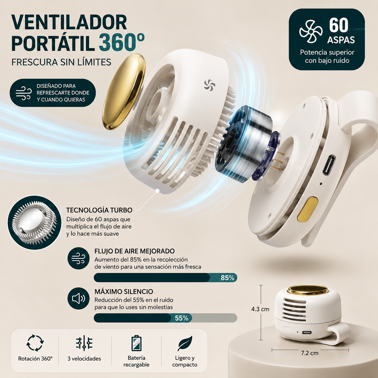 Brisa 360° | Ventilador Portátil Recargable Silencioso